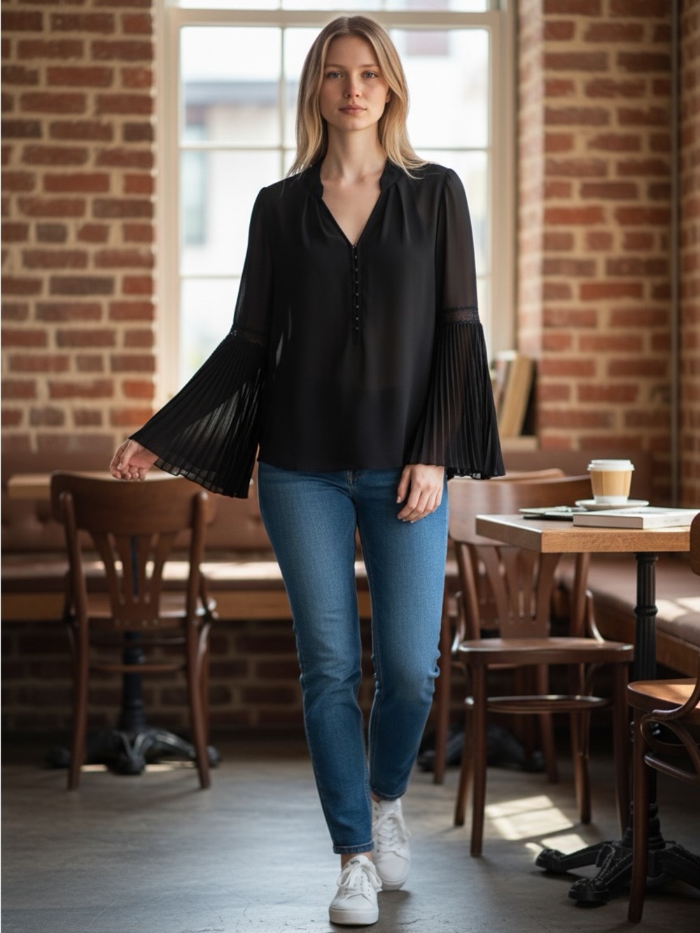 WHBM WHITE HOUSE BLACK MARKET Pleated Bell Sleeve Blouse